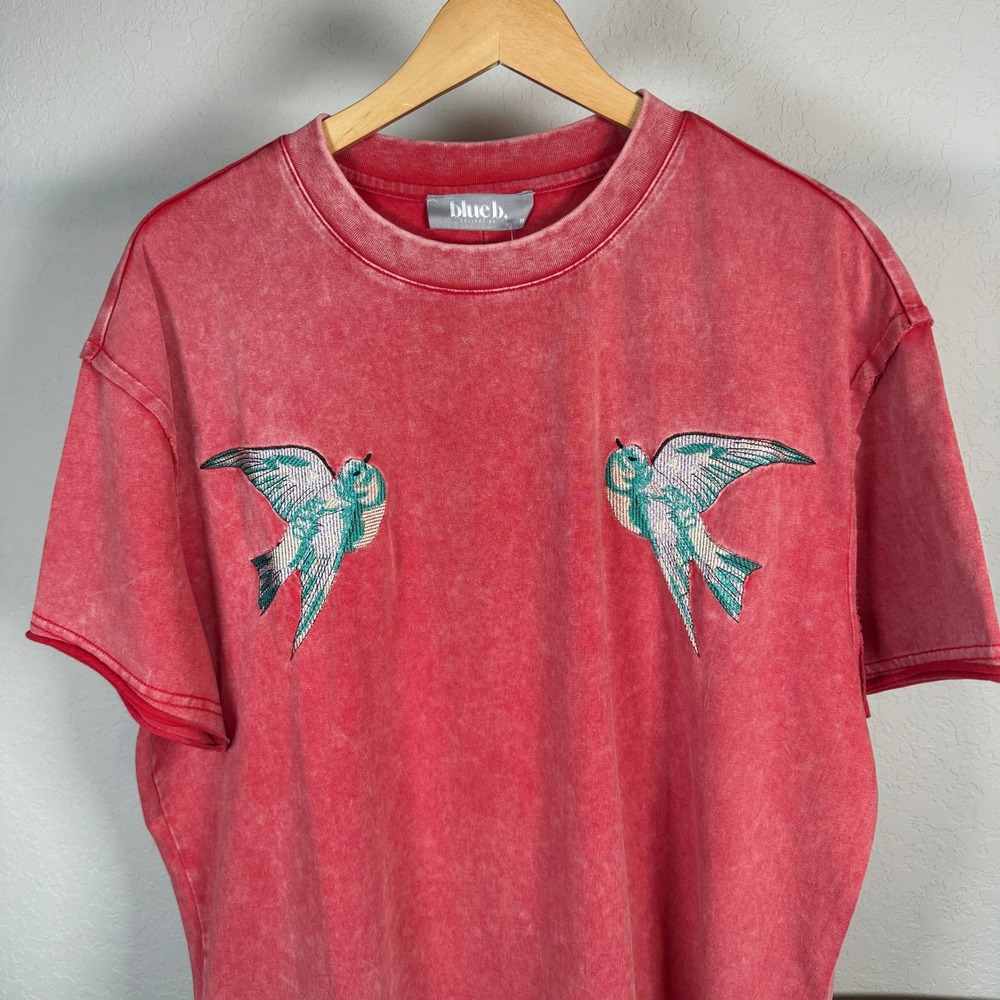 Blue B Collection Red Mineral Wash Embroidered Bird T-Shirt Oversized Medium - Picture 2 of 9